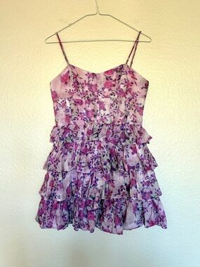 Bardot Pink Purple Floral Corset Babydoll Ruffle Mini Dress Size S Cotton-Blend